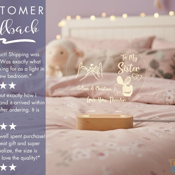 Personalized Sisters Night Light | Custom LED Gift for Sister or Best Friend - Picture 7 of 8